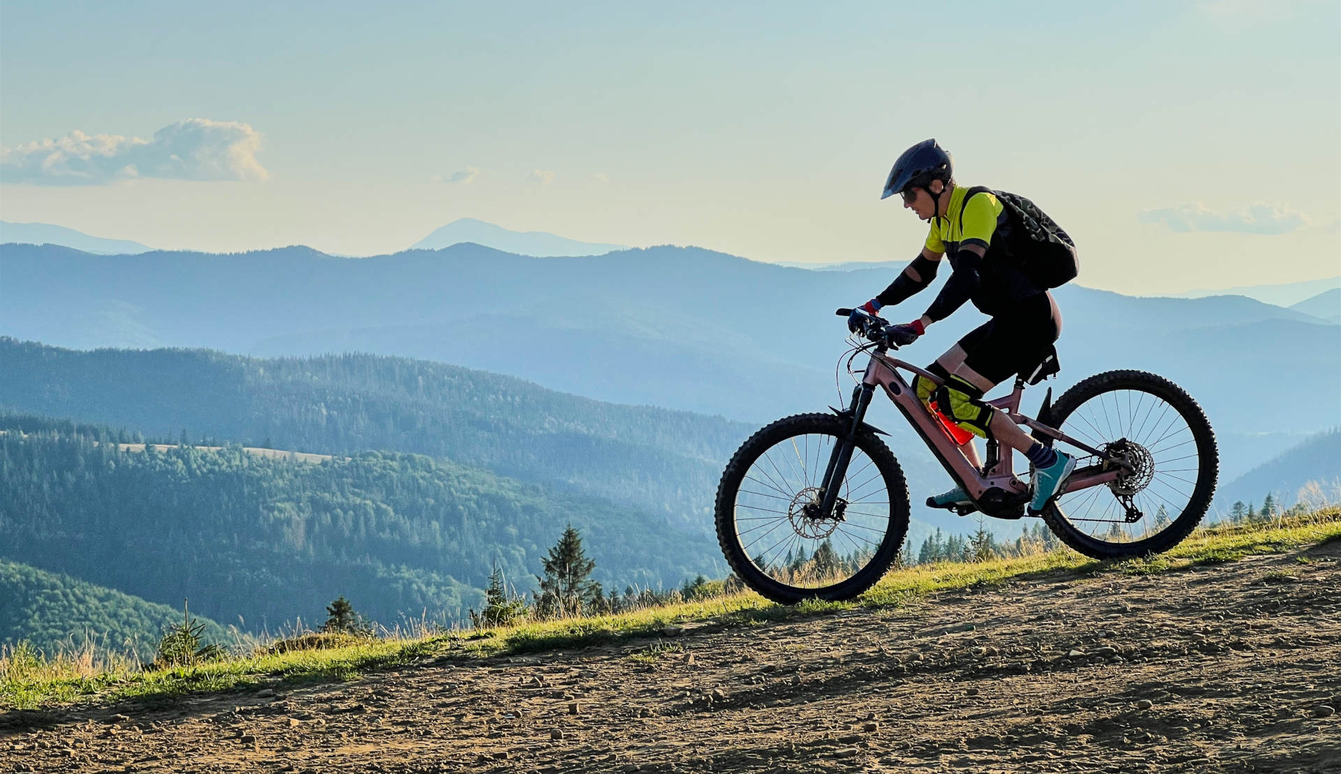 Cyclist,Man,Riding,Electric,Mountain,Bike,Outdoors.,Male,Tourist,Biking